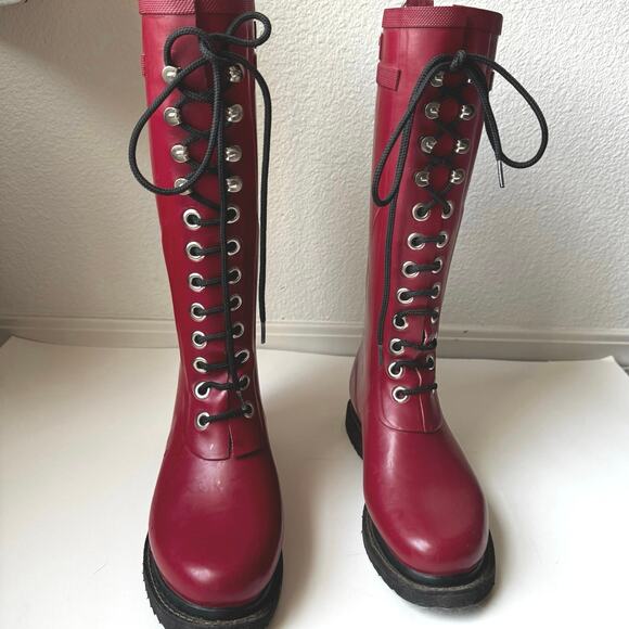 Ilse Jacobsen Hornbaek Tall Lace Up Red Rubber Boots Women’s 37 US 7 Handmade - Picture 1 of 12